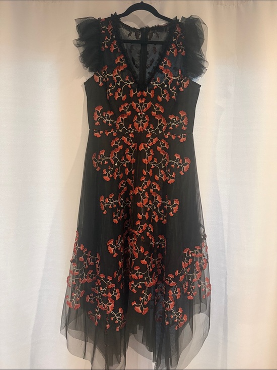 Alex Marie Dresses & Skirts - Alex Marie Black Midi Dress with Red Floral Embroidery